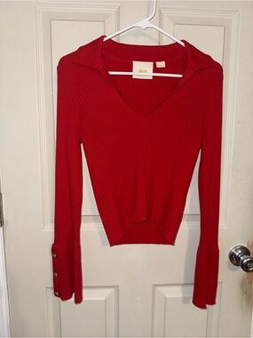 Anthropologie Maeve Bright Red Ribbed V-Neck Sweater